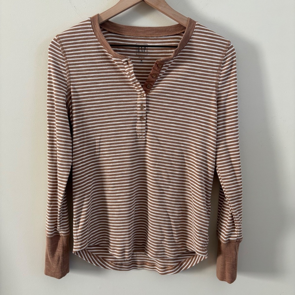 Gap Rib Henley Long Sleeve Striped Shirt Brown White Medium
